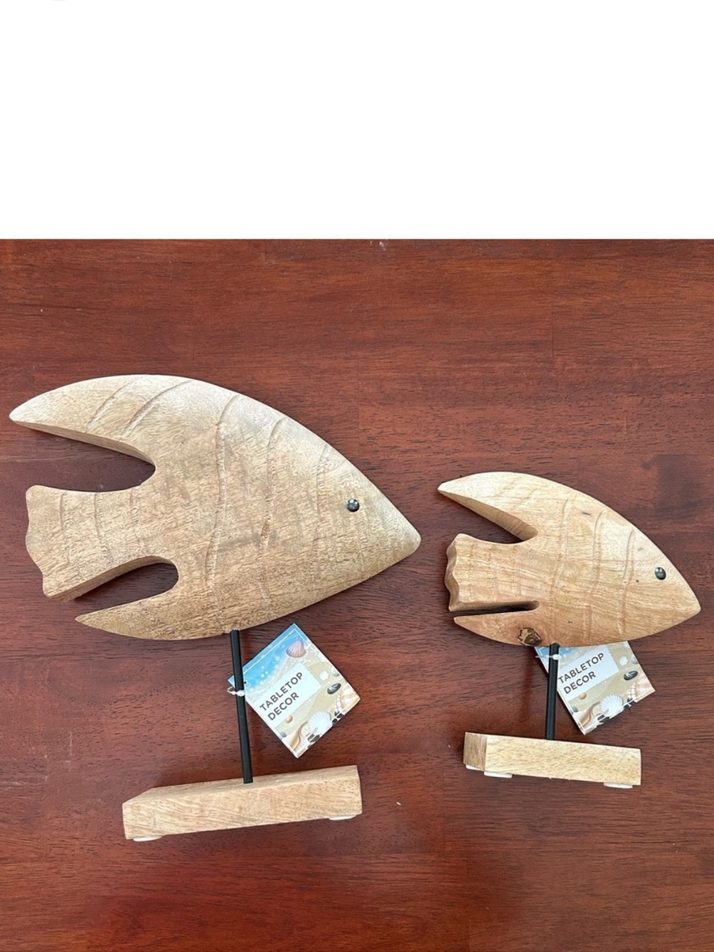 NEW Set of 2 Brown Wooden Fishes Outdoor Patio Home Tabletop Decor